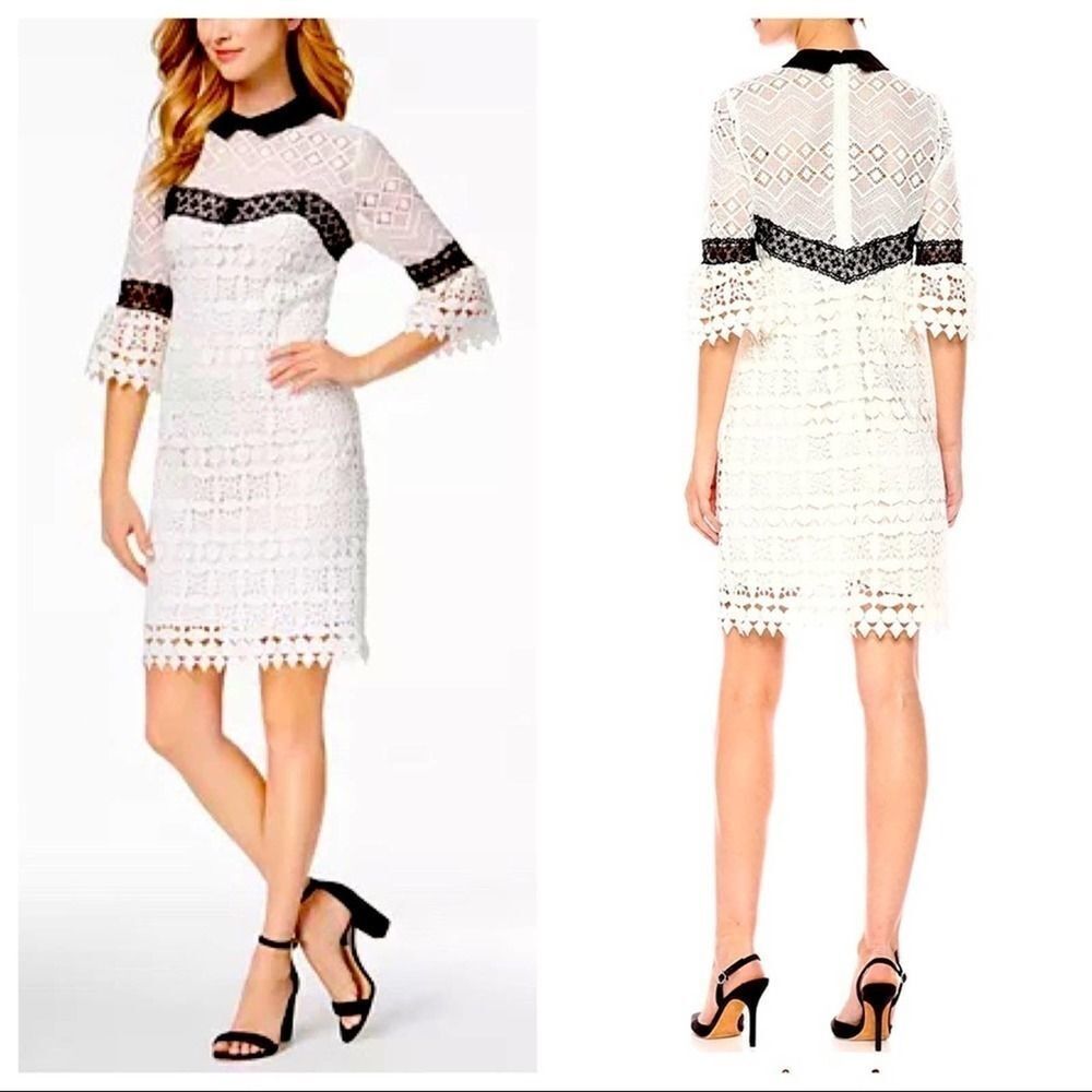 Nanette Lepore White Crochet Mini Peter Pan Collar Bell Sleeve Dress Size 6